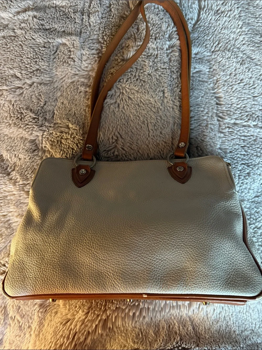 Valentina Cream Satchel with Tan Accents and Gold Plate